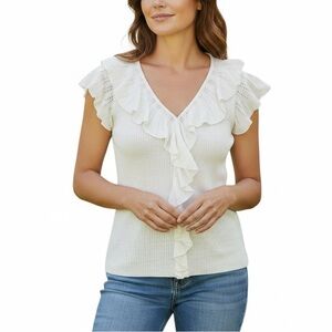 Lauren by Ralph Lauren Ruffle Short Sleeve top colonial cream petite medium